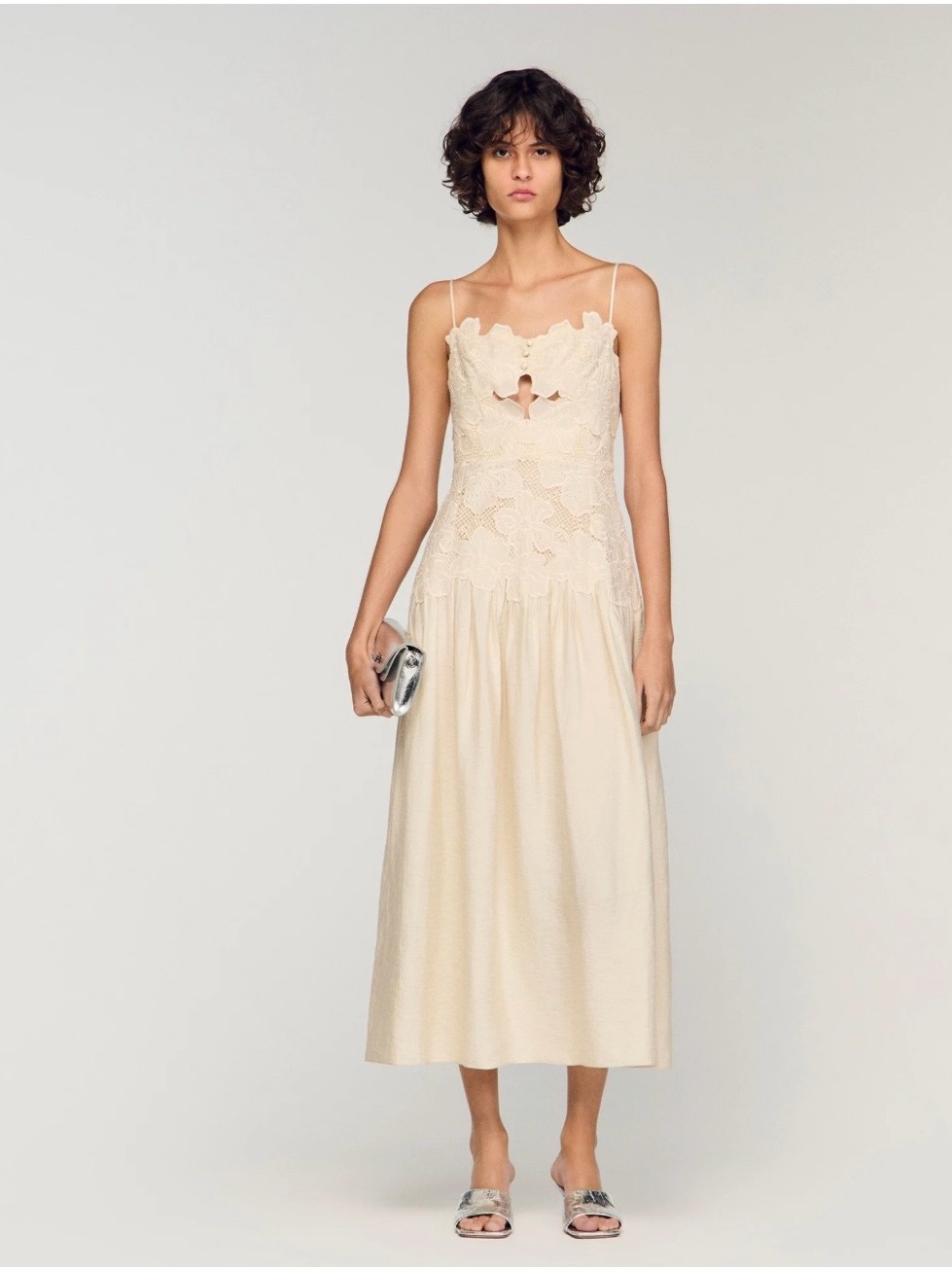 Sandro Guipure Lace Bodice Spaghetti Strap Midi Dress In Cream